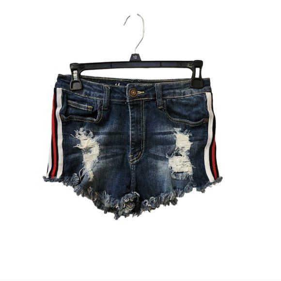 Machine Distressed Fringe High Rise Jean Shorts Medium Skating Stripes - Picture 1 of 8